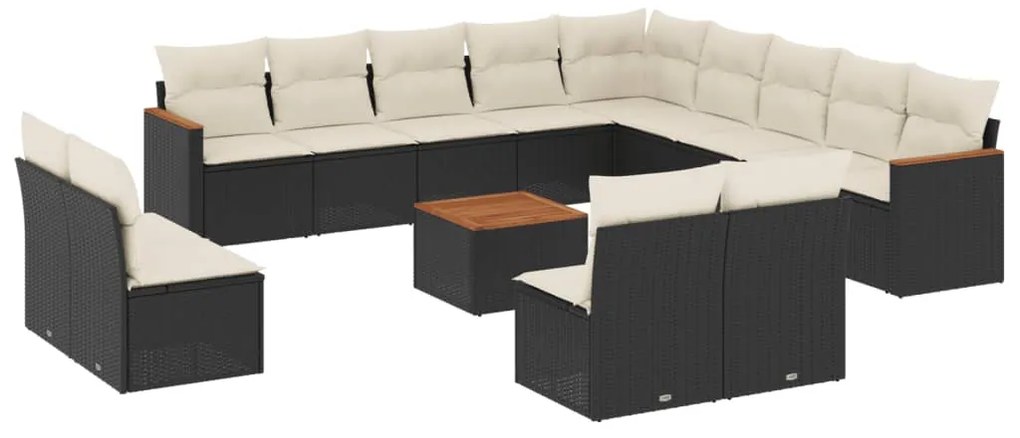 3258892 vidaXL Градински диван с възглавници, 14 части, черен, полиратан
