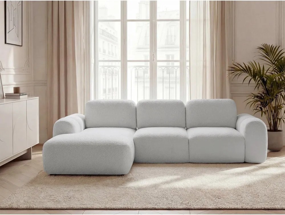 Светлосив сгъваем/с място за съхранение ъглов диван от прежда с примки от букле (ляв ъгъл) Montaigne – Bobochic Paris