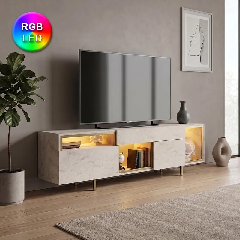 Norm TopMebel меламинова ТВ стойка с RGB LED в цвят травертин и злато, 180 x 32 x 55 см