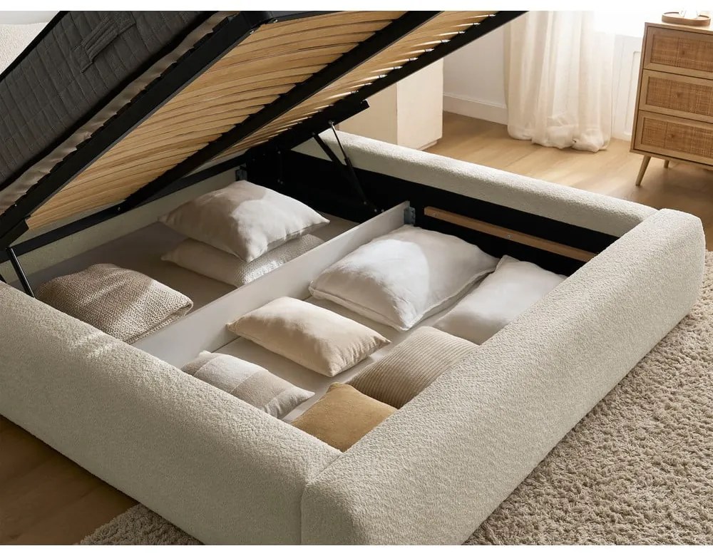 Бежово двойно легло 180x200 cm тапицирано с място за съхранение с включена подматрачна рамка Orlane – Bobochic Paris