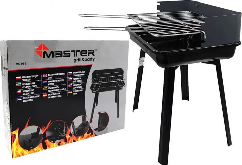 Барбекю на дървени въглища Master Grill & Party MG936, Регулируема решетка, Сгъваемо, Черен