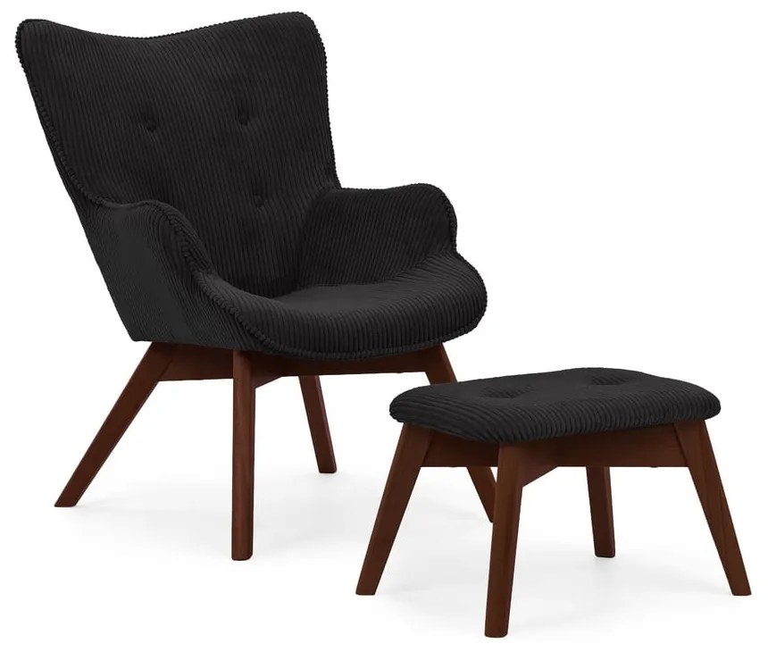 Черен фотьойл с табуретка от рипсено кадифе Niko – Ropez