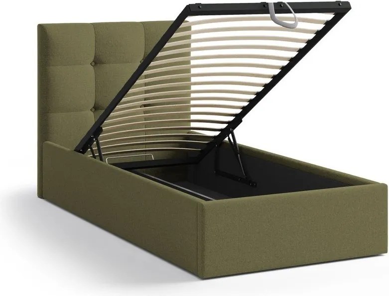 Зелено единично легло 90x200 cm тапицирано с място за съхранение с включена подматрачна рамка Phaedra – Micadoni