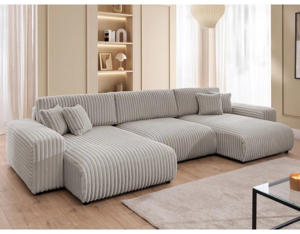 Светлосив сгъваем/с място за съхранение ъглов диван от рипсено кадифе (U форма) Sarina – Ropez