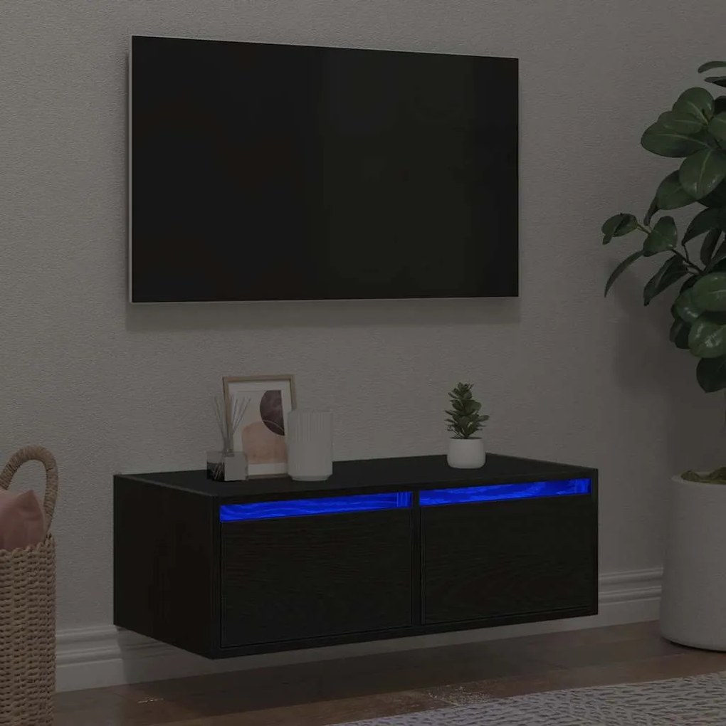 860230 vidaXL ТВ шкаф с LED осветление, Черен дъб, 75x35,5x25 см