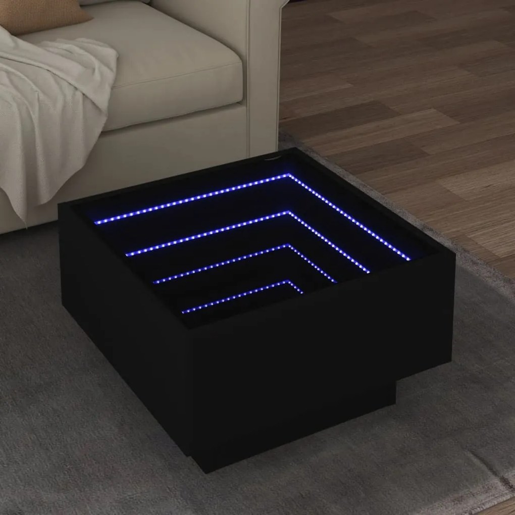 847505 vidaXL Маса за кафе с LED, черна, 50x50x30 см, инженерно дърво