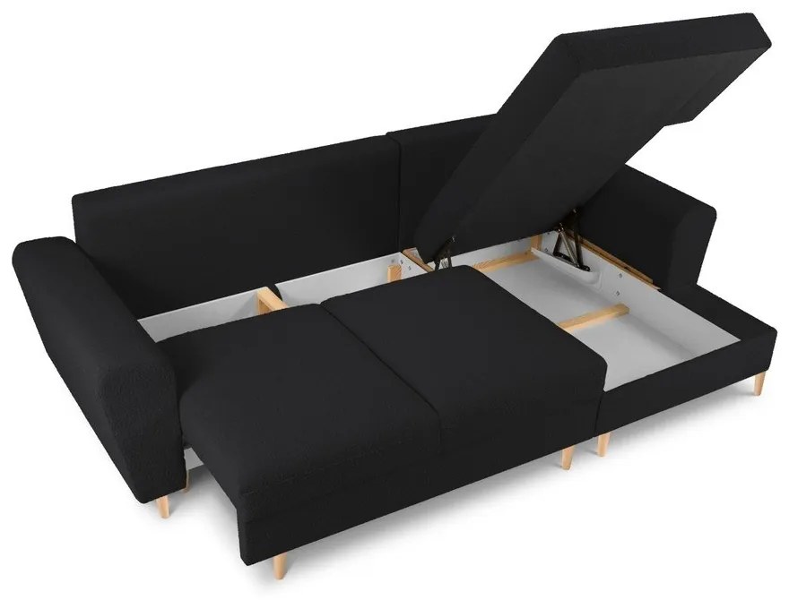 Черен разтегателен ъглов диван с място за съхранение от прежда с примки от букле (десен ъгъл) Kyoto – Cosmopolitan Design