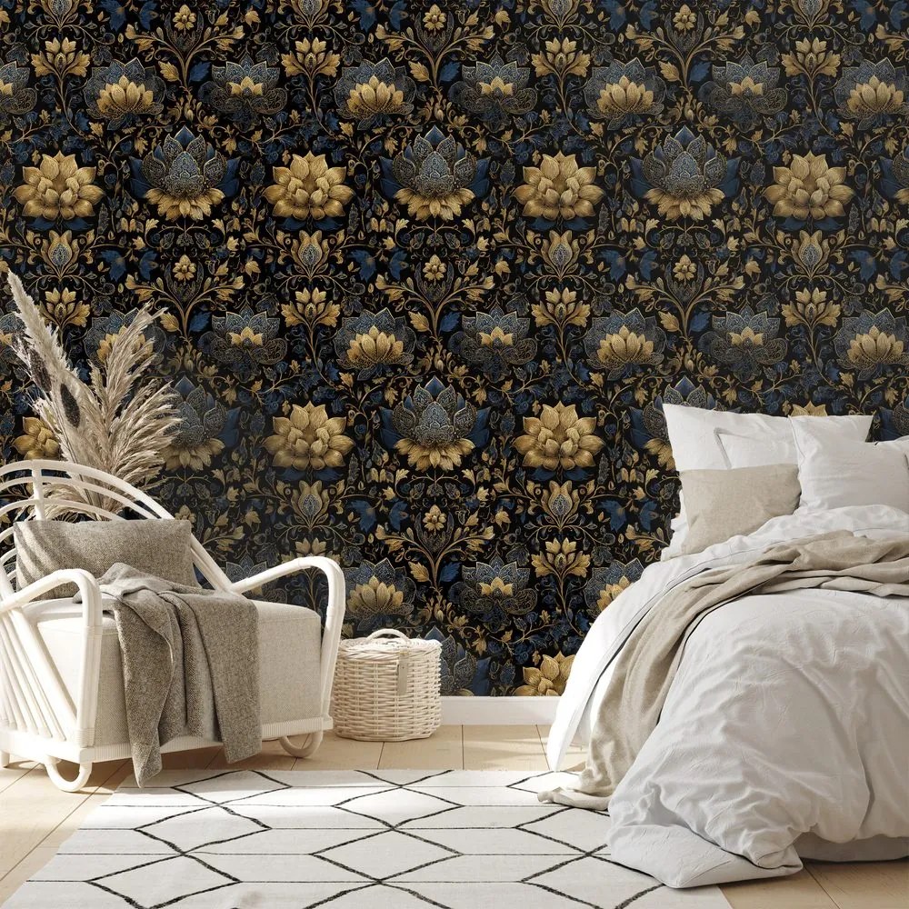 Фототапет – Златни цветя на тъмен фон