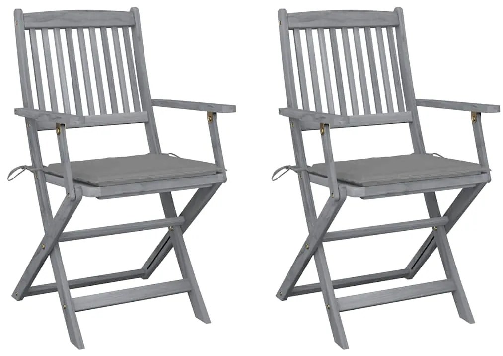3064483 vidaXL Сгъваеми градински столове, 2 бр, с възглавници, акация масив