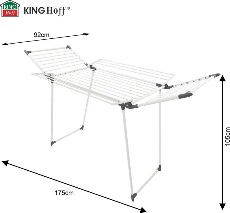 Сгъваем сушилник за дрехи Kinghoff KH 2041, 25 м, До 20 кг, Противоплъзгащи накрайници, Стомана, Бял/сив