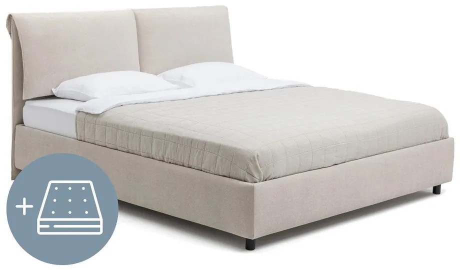 Бежово тапицирано двойно легло с място за съхранение и матрак с решетка 160x200 cm Myra Pillow - Bonami Selection