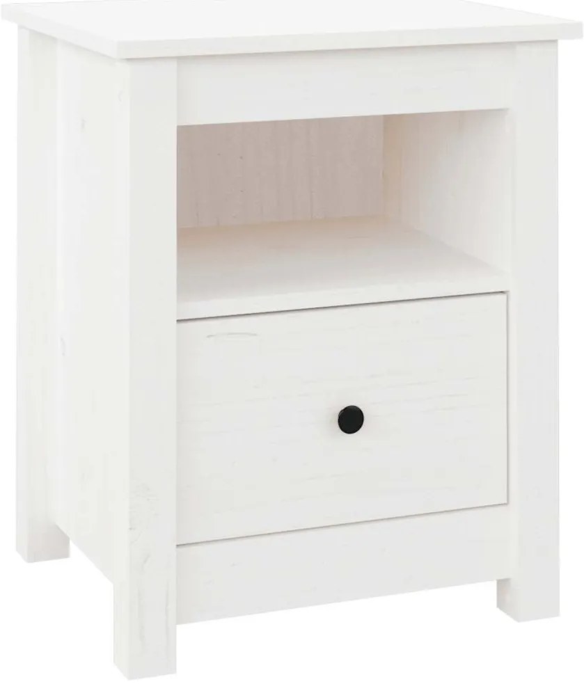 813711 vidaXL Нощно шкафче, бяло, 40x35x49 см, борово дърво масив
