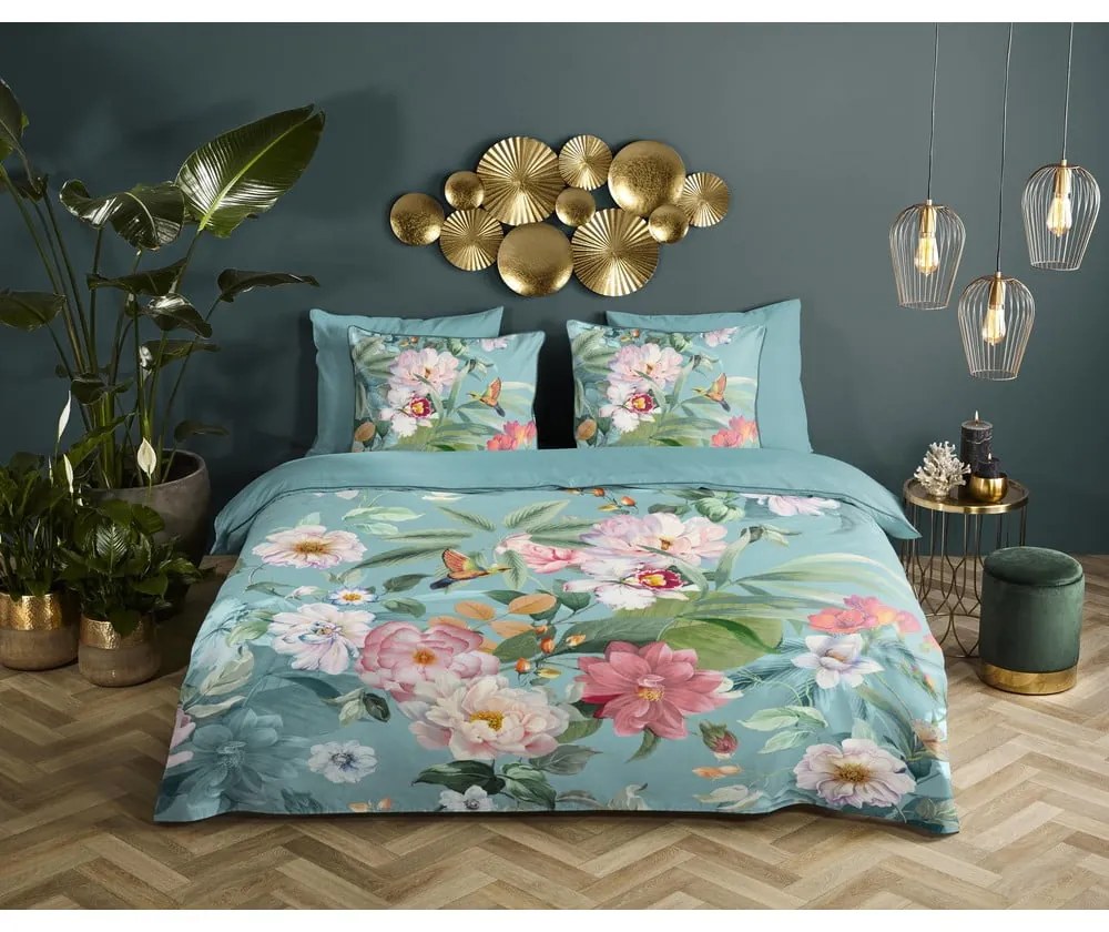 Синьо единично удължено спално бельо от памучен сатен 140x220 cm Fungi – Descanso