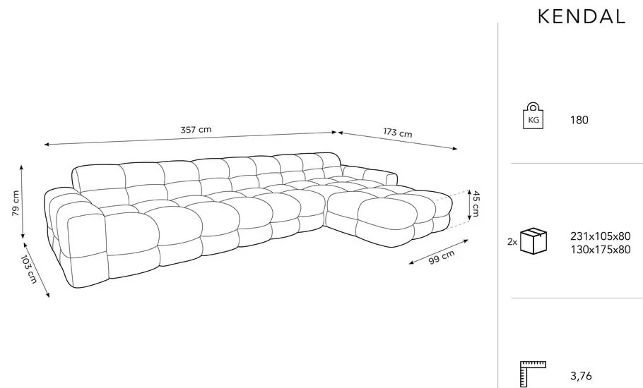 Ъглов диван от сиво кадифе (десен ъгъл) Kendal - Micadoni Home