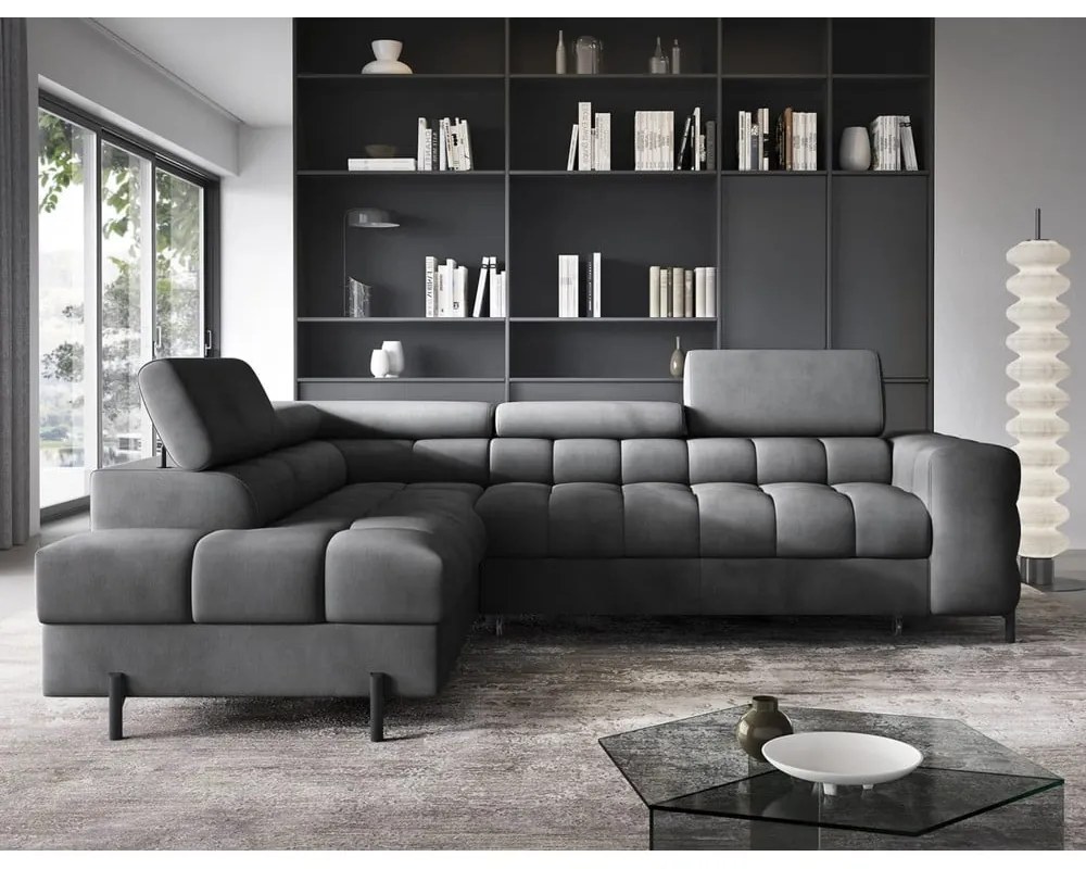 Тъмносив кадифен разтегателен ъглов диван с място за съхранение (ляв ъгъл L форма) Ferucce – ELTAP