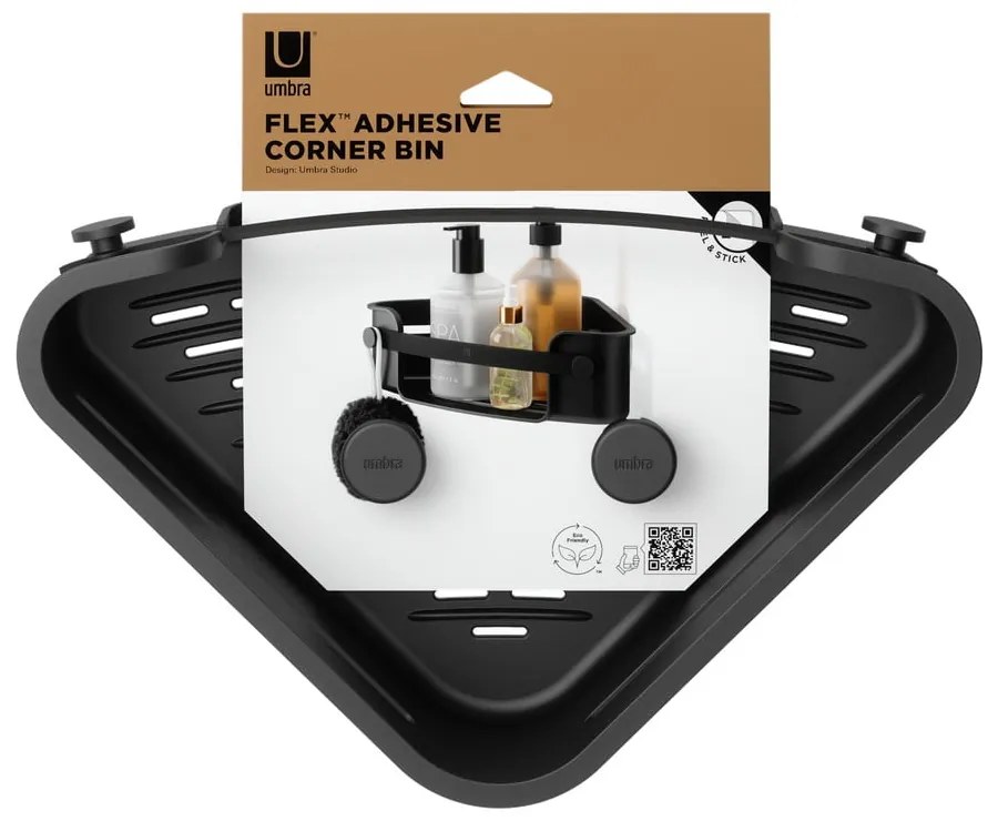 Черен ъглов пластмасов рафт за баня без пробиване Flex Adhesive – Umbra