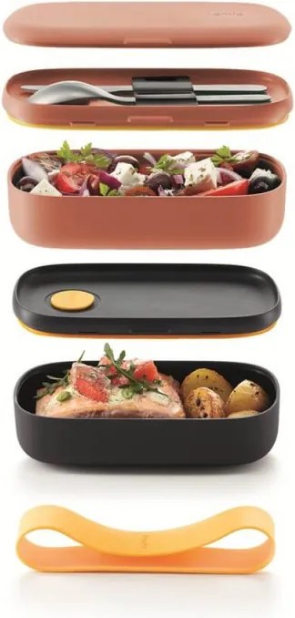 Комплект 2 бр кутии за храна Lekue On The Go 1010221, 500 мл, Херметично затваряне, Отделение за прибори, Клапан за микровълнова, Корал
