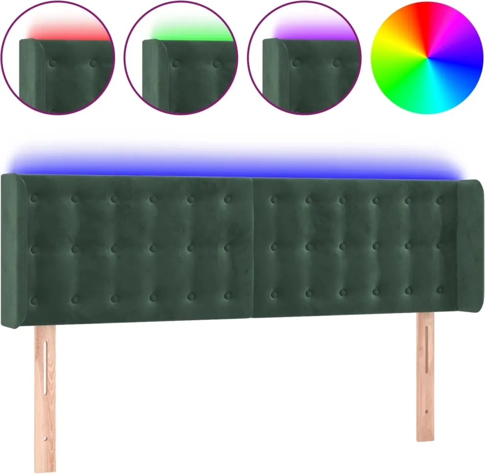 3123721 vidaXL LED горна табла за легло, тъмнозелена, 147x16x78/88 см, кадифе