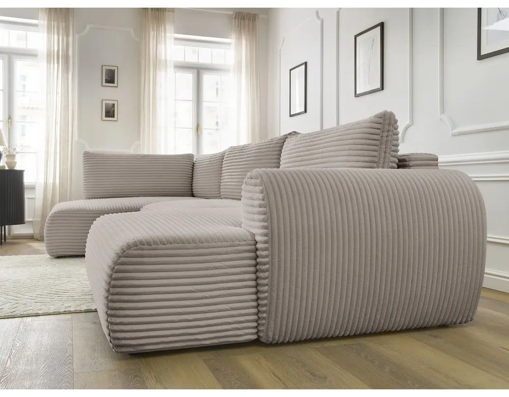 Светлосиво-бежов разтегателен ъглов диван от рипсено кадифе (десен ъгъл/"U" форма) Lucien – Bobochic Paris