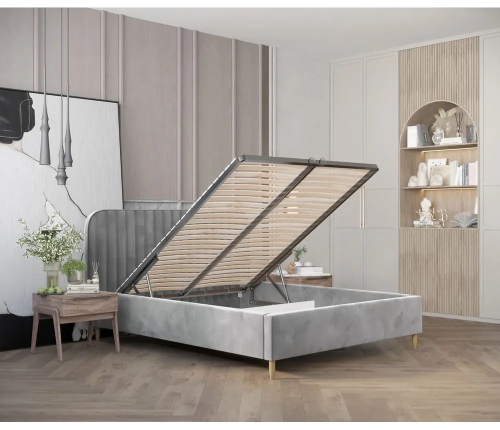 Сиво тапицирано двойно легло с място за съхранение с включена подматрачна рамка 180x200 cm Noto – Maison de Rêve