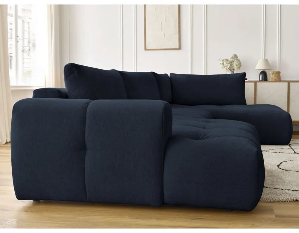 Тъмносин сгъваем/с място за съхранение ъглов диван (десен ъгъл/U форма) Fuji – Bobochic Paris