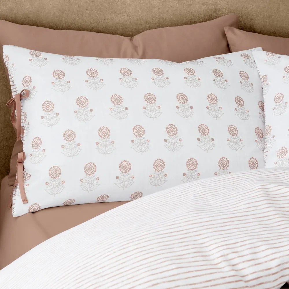 Бяло двойно удължено спално бельо 230x220 cm Woodblock Floral – Pineapple Elephant