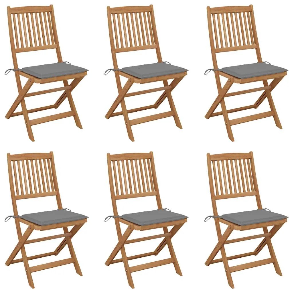 3065489 vidaXL Сгъваеми градински столове, 6 бр, с възглавници, акация масив