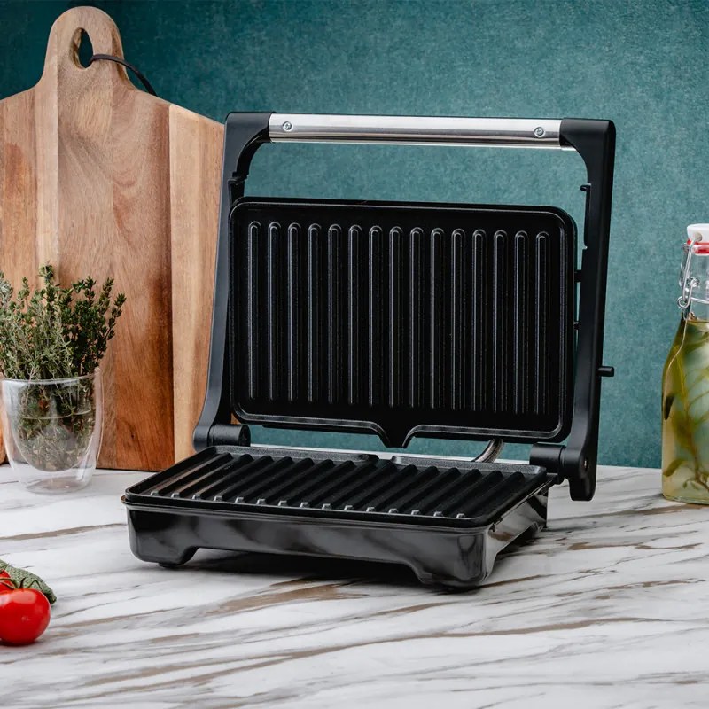 Грил скара Rosberg R51442I, 1500W, Отваряне на 180 гр, Незалепваща, Тава за мазнина, Инокс/черен