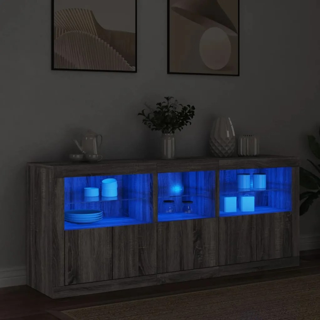 Sonata H Сайдборд с LED светлини, сив сонома, 162x37x67 см