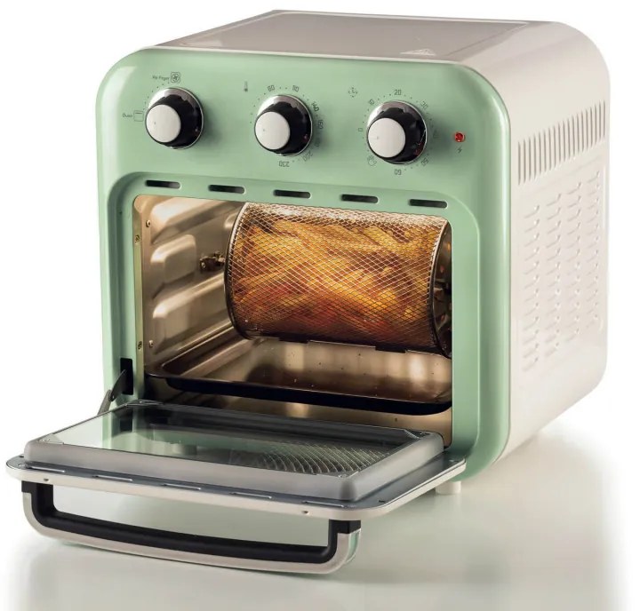 Фритюрник-фурна с горещ въздух Ariete VINTAGE 4632/04, 1400W, 16 л, До 230C, Таймер 60 мин, Въртяща се кошница, Бял/Зелен