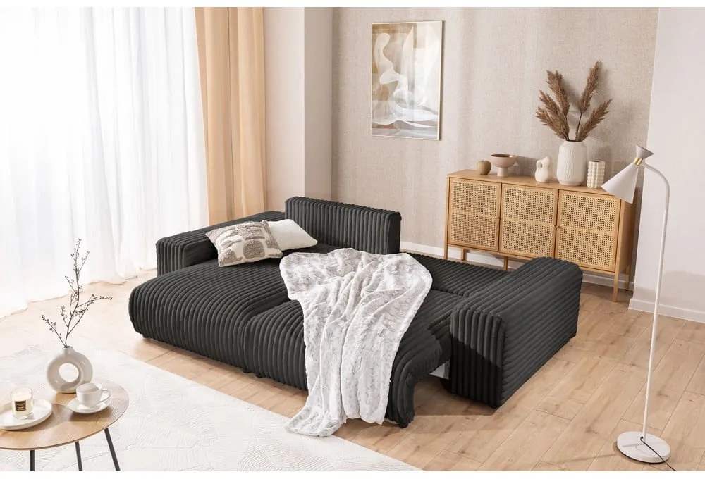 Тъмносив разтегателен ъглов диван от рипсено кадифе с място за съхранение (ляв ъгъл) Sarina – Ropez