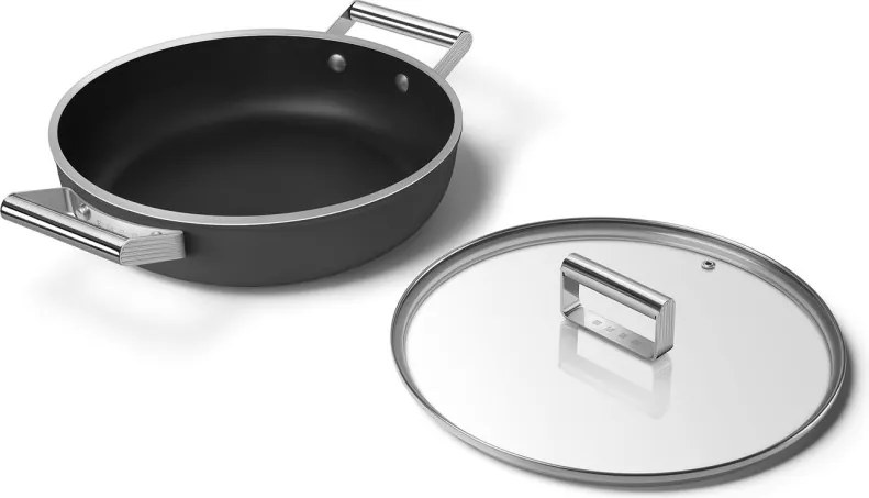 Плитка тенджера с капак Smeg DPF2812BLM, 28 см, 4.3 л, Керамично незалепващо покритие, Фурна до 250C, Без PFAS, Индукция, Черен
