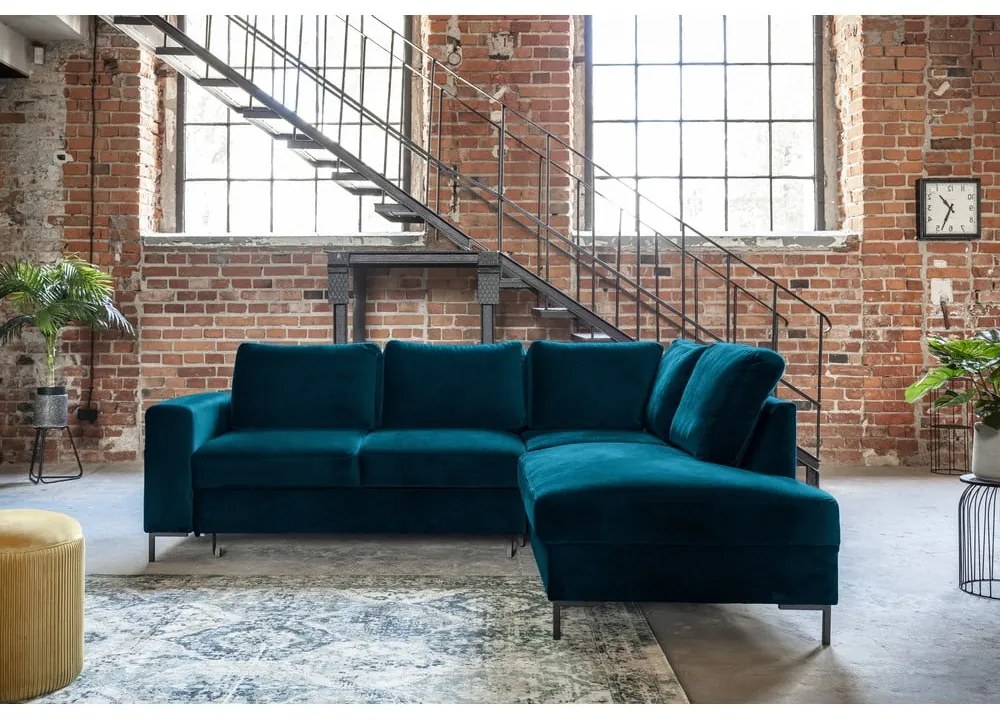 Тюркоаз кадифен разтегателен ъглов диван (десен ъгъл) Lofty Lilly – Miuform