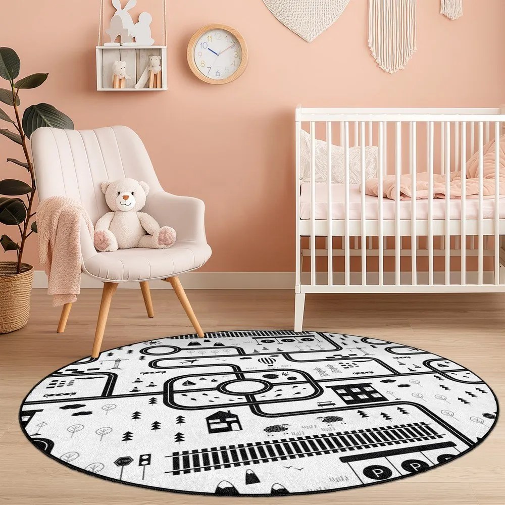 Черно-бял детско килимче за игра подходящо за пране ø150 cm In My Town – Mila Home
