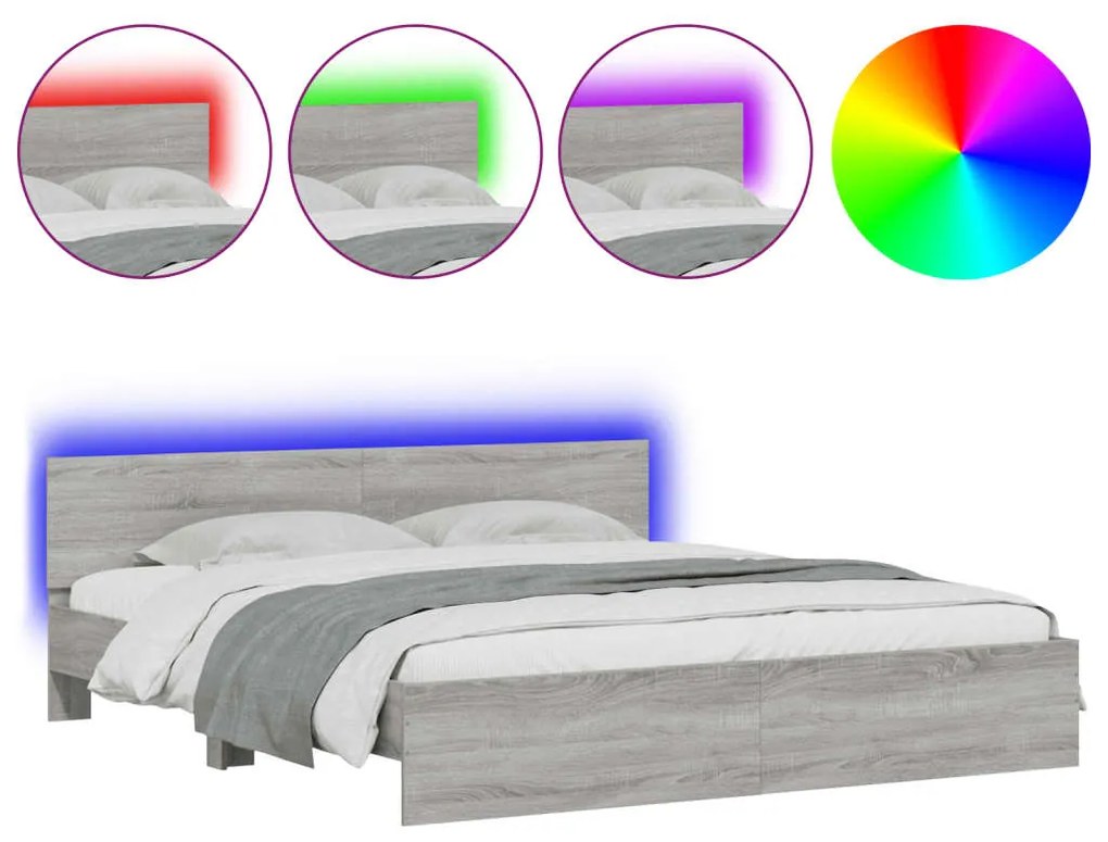 3207593 vidaXL Рамка за легло с табла и LED, сив сонома, 180x200 см