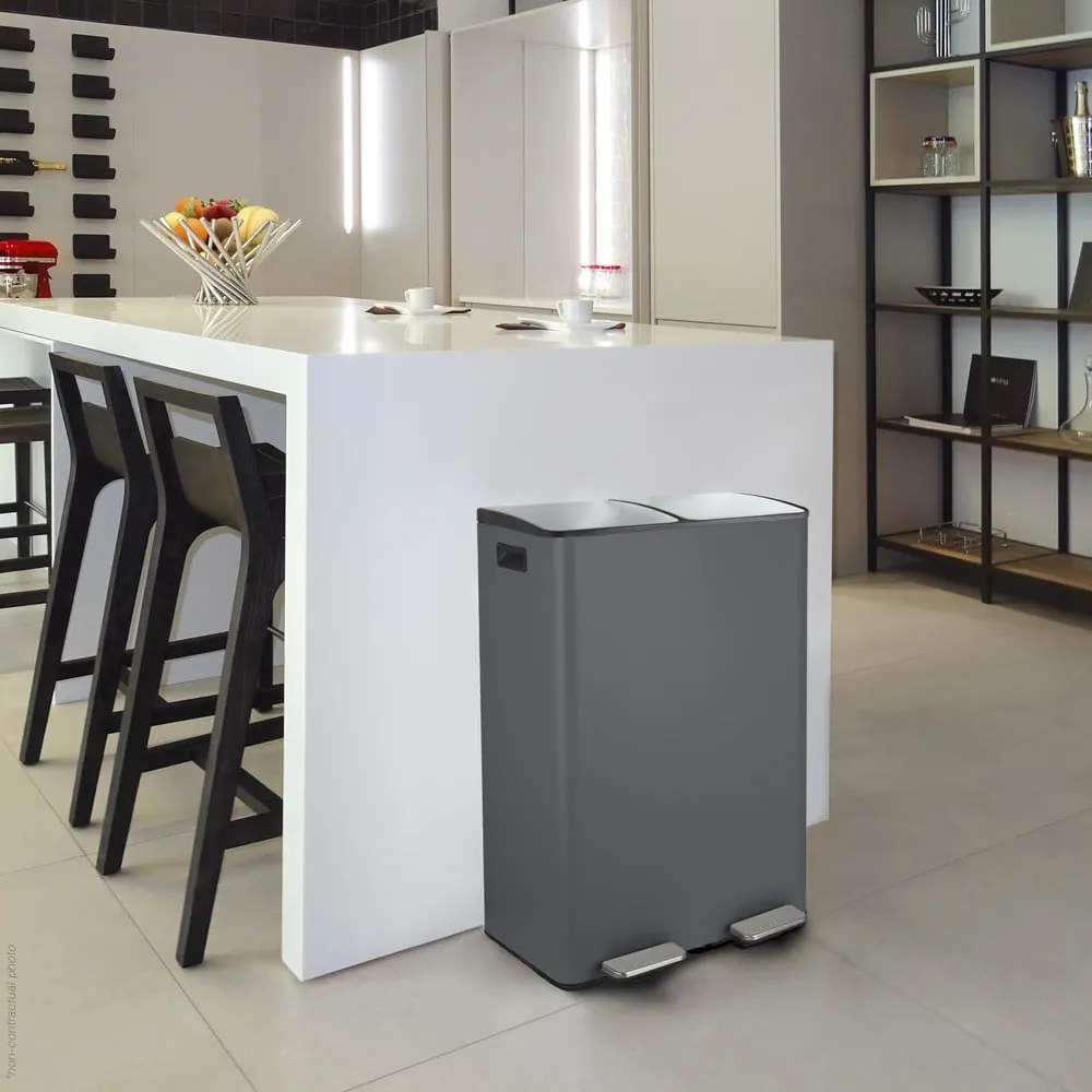 Тъмносиво стоманено кошче за боклук 2x30 l за рециклиране с педал Aliya – Spirella