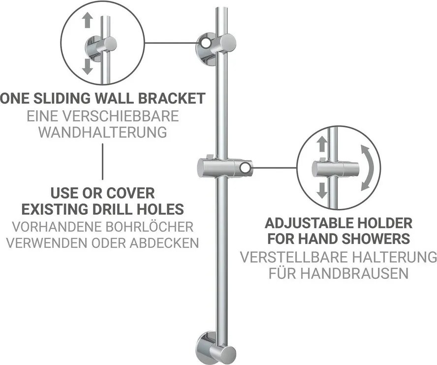 Душ релса без пробиване от неръждаема стомана в блестящо сребрист цвят с подвижен държач 70 cm – Wenko