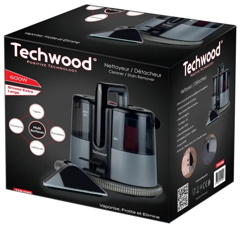 Прахосмукачка за пране на килими и тапицерия Techwood TAN-6066, 600W, Резервоари за чиста и отпадъчна вода, Черен