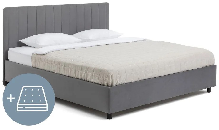 Сиво тапицирано двойно легло с място за съхранение и матрак с решетка 160x200 cm Myra Slim Line - Bonami Selection