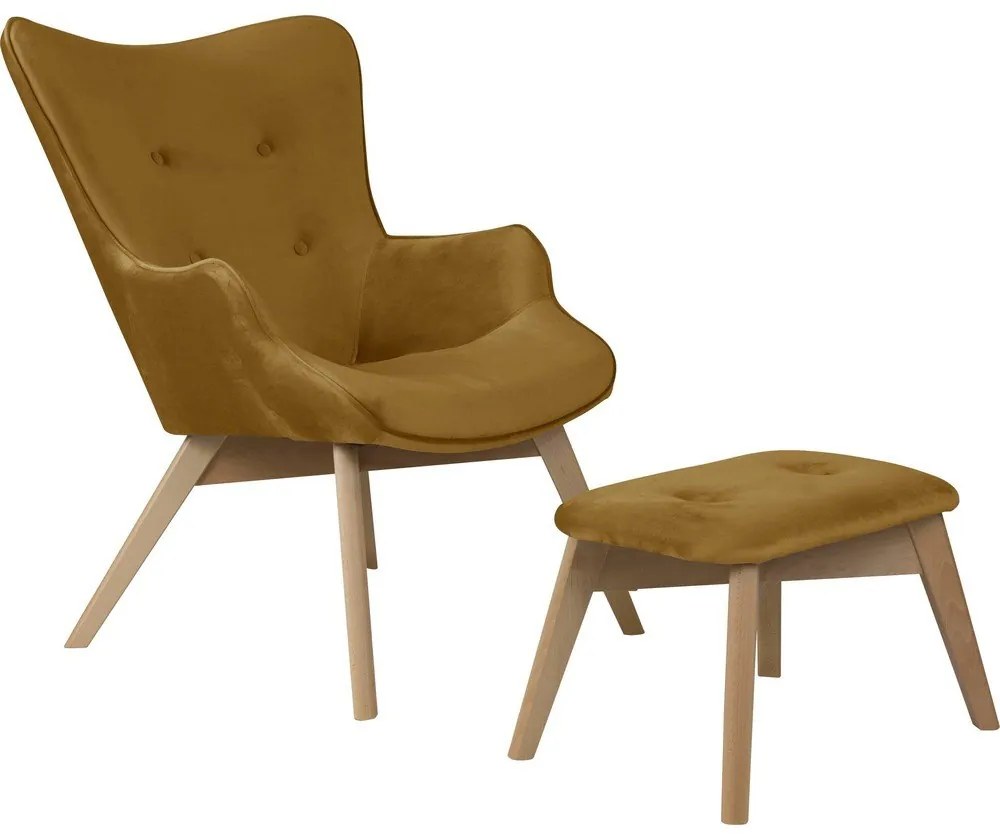 Кадифен фотьойл с табуретка горчица Niko – Ropez