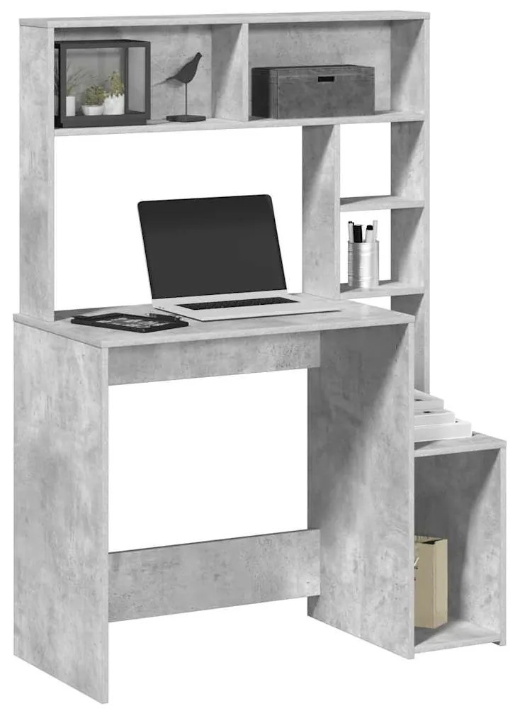 860439 vidaXL Бюро с рафтове, бетонно сиво, 100x45x140 см, инженерно дърво