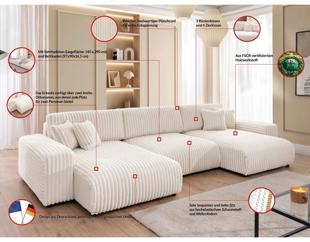 Кремав разтегателен ъглов диван с място за съхранение от рипсено кадифе (U форма) Sarina – Ropez