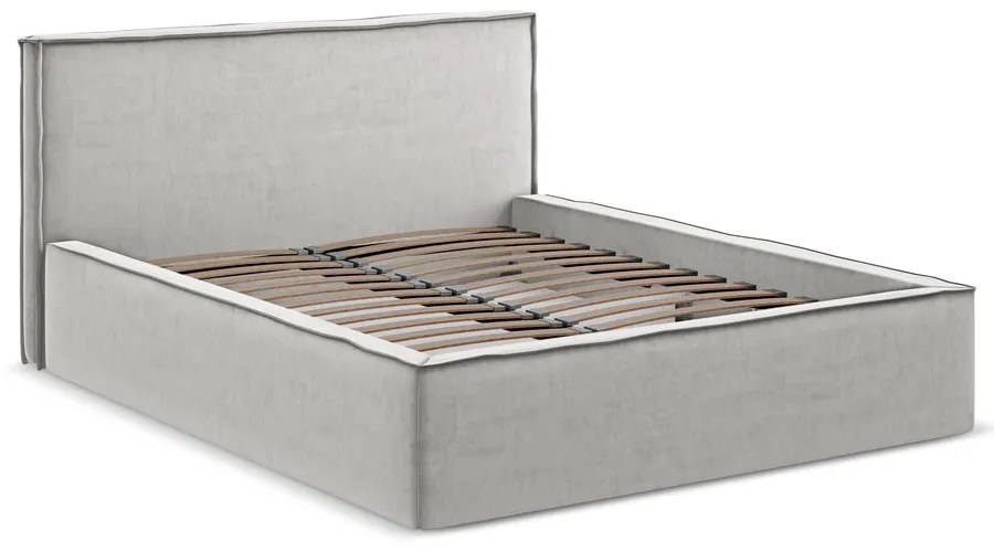 Светлосиво двойно тапицирано легло с място за съхранение и включена подматрачна рамка 180x200 cm Anani – Makamii
