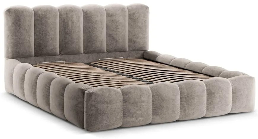 Светлокафяво тапицирано двойно легло с място за съхранение с включена подматрачна рамка 160x200 cm Lupine – Micadoni Home