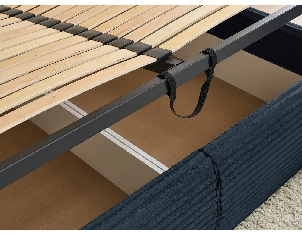 Тъмносиньо двойно тапицирано легло с място за съхранение с включена подматрачна рамка 180x200 cm Jade – Bobochic Paris