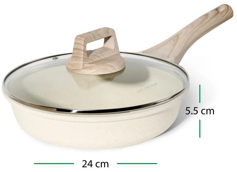 Тиган Just Perfecto JL-41, 24 см, Стъклен капак, Мраморно покритие, Без PFAS, Индукция, Бежов