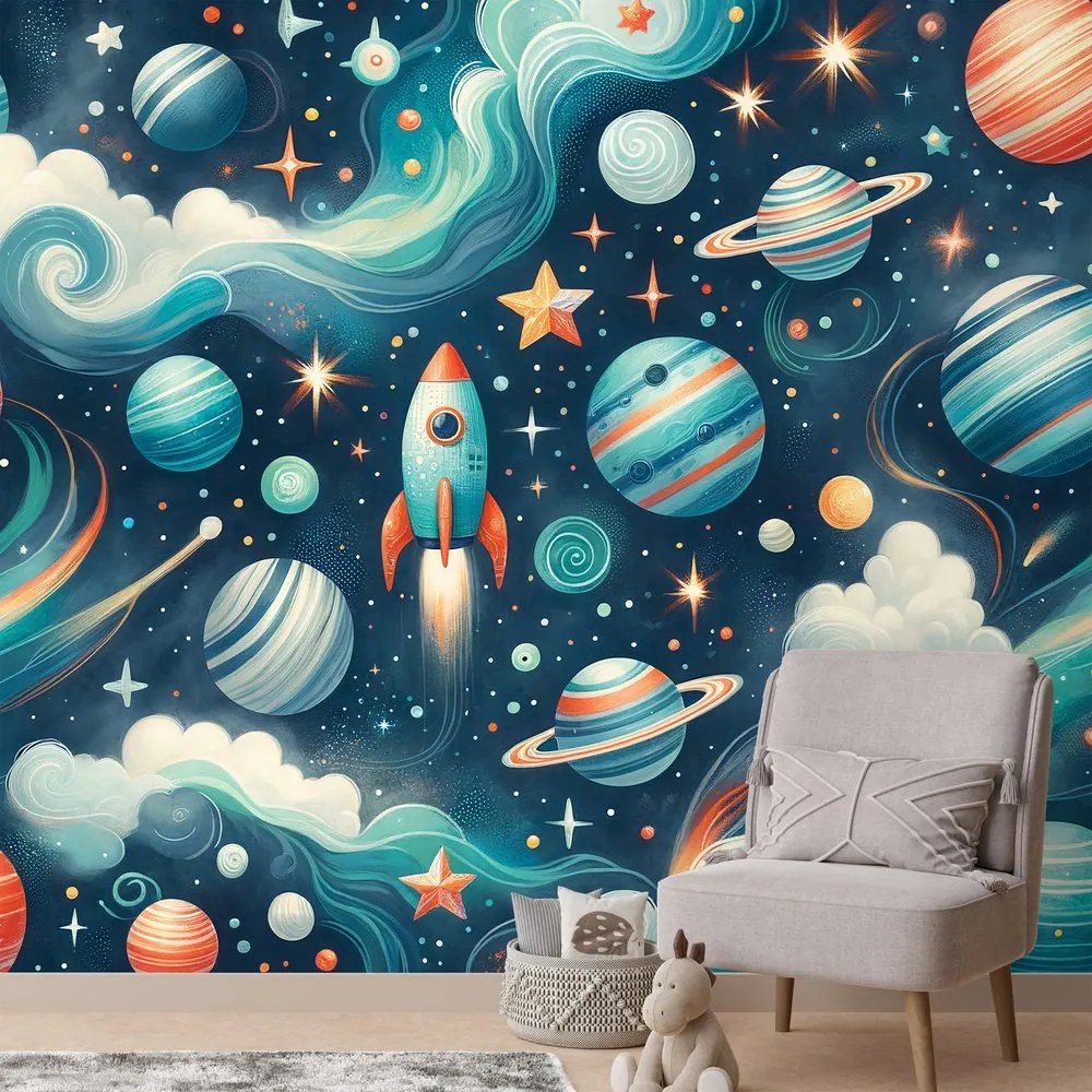 Самозалепващ тапет – Цветна вселена с ракета