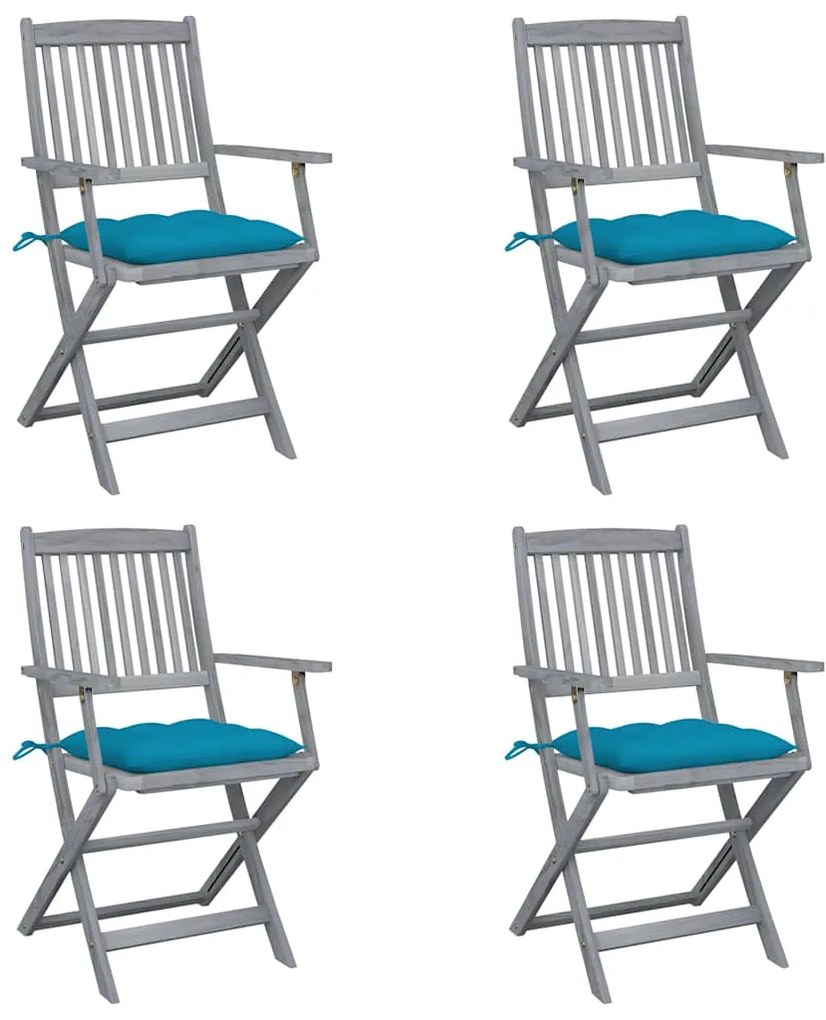 3064528 vidaXL Сгъваеми градински столове, 4 бр, с възглавници, акация масив