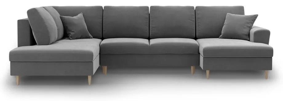 Светлосив кадифен разтегателен ъглов диван с място за съхранение (ляв ъгъл/U форма) Kyoto – Cosmopolitan Design