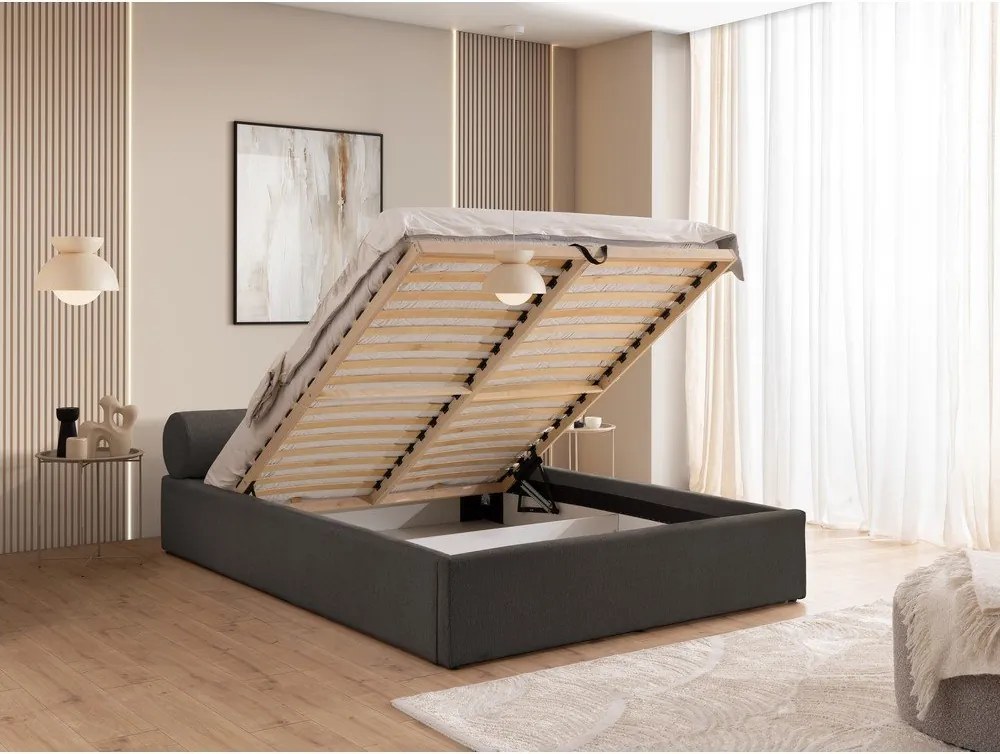 Тъмносиво тапицирано двойно легло с място за съхранение и включена подматрачна рамка 140x200 cm Cille – Ropez